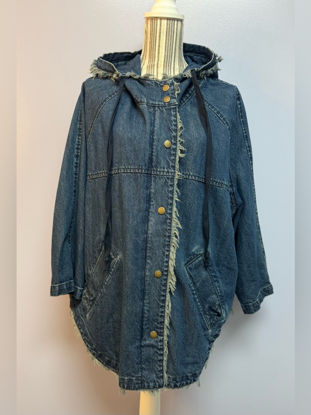 Pistola asymmetric oversized Denim Hooded Frayed-Trim Jacket - Dark Blue M/L